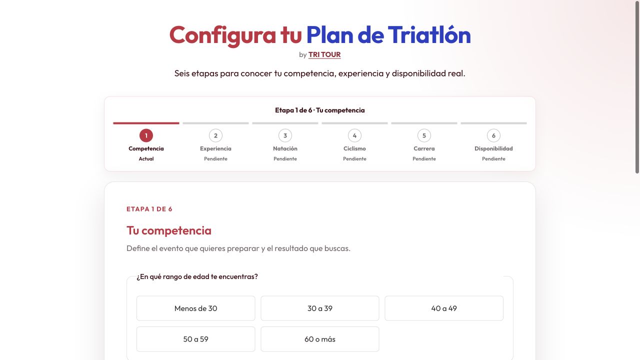 Vista previa del cuestionario para crear un plan de triatlón